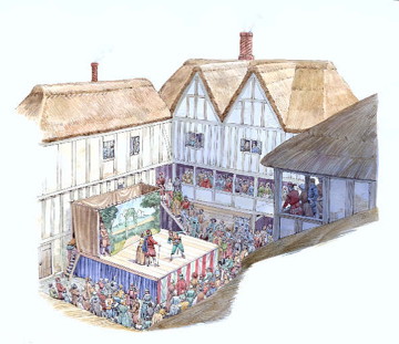 A temporary stage set up in the courtyard of an inn